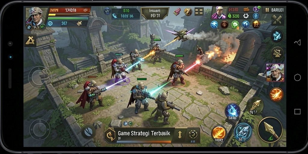 Screenshot utama BARU01 menampilkan adegan pertempuran strategi yang intens.