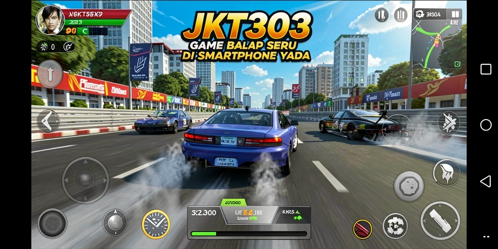 Screenshot JKT303 menampilkan aksi balap yang mendebarkan.