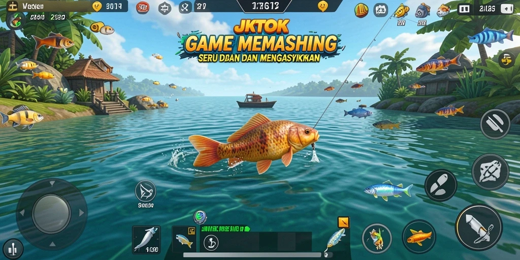 Screenshot utama JKTOK menampilkan gameplay memancing yang seru dengan ikan besar.
