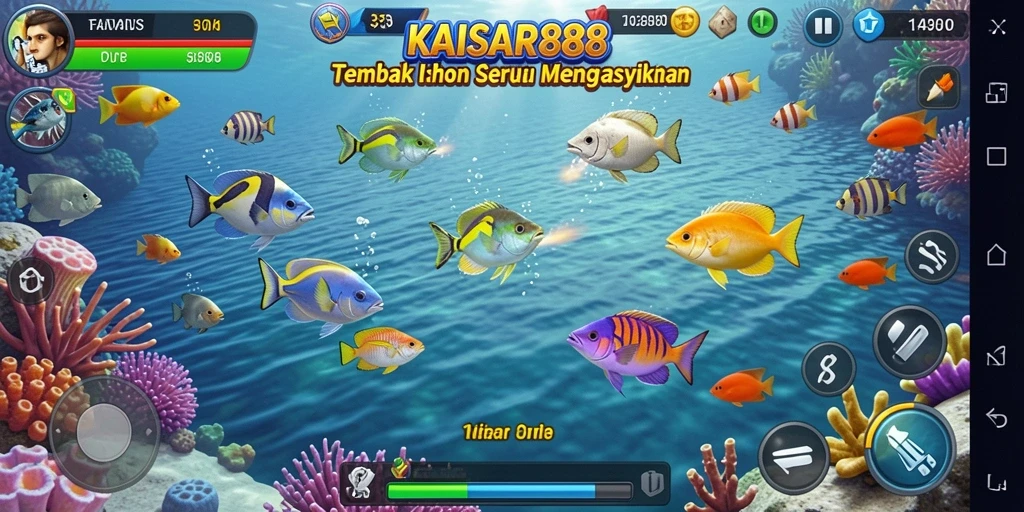 Tampilan gameplay KAISAR888 dengan berbagai ikan yang menunggu untuk ditangkap.