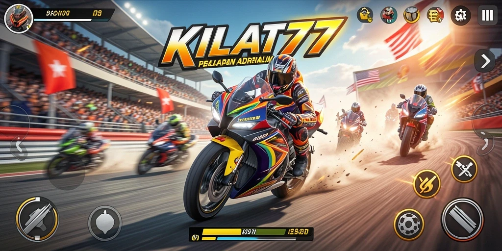Screenshot gameplay KILAT77 menampilkan balapan motor seru di lintasan menantang.