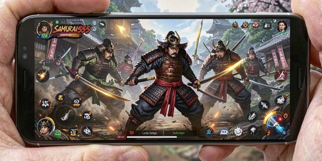 Screenshot gameplay <strong>SAMURAI555</strong> menampilkan aksi pertarungan samurai yang epik.