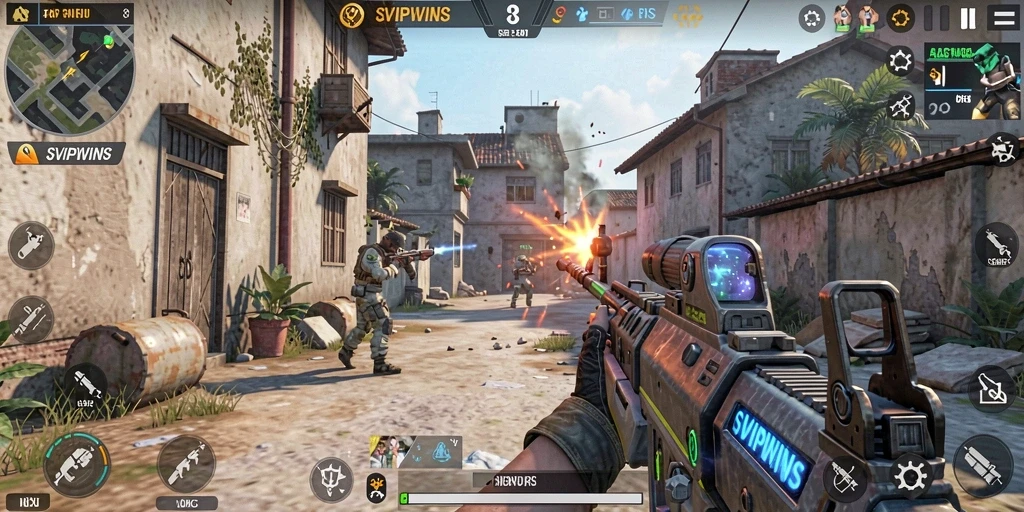 Tangkapan layar utama SVIPWINS menampilkan aksi pertempuran FPS yang mendebarkan.