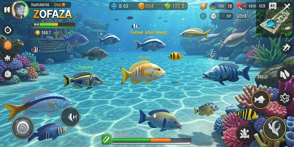 Tampilan Gameplay seru di ZOFAZA saat menembak ikan.